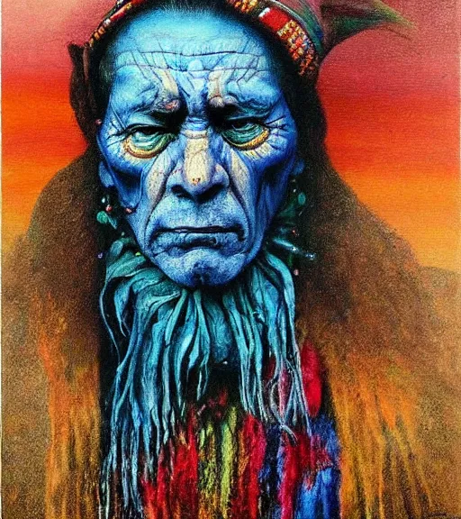 Image similar to Portrait painting in a style of Beksinski mixed with Alex Grey of an old shaman dressed in a colorful traditional clothes.