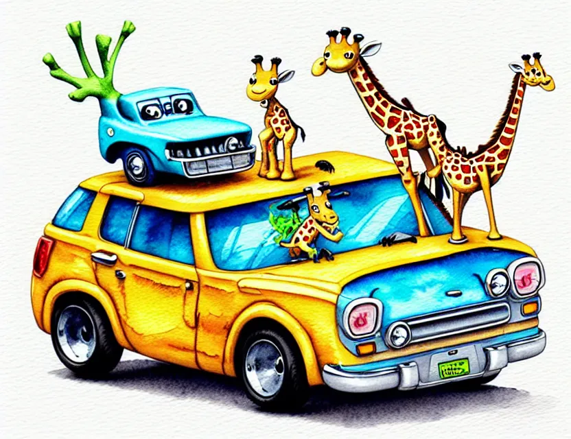 Image similar to cute and funny, giraffe riding in a tiny hot rod with oversized engine, ratfink style by ed roth, centered award winning watercolor pen illustration, isometric illustration by chihiro iwasaki, edited by range murata, tiny details by artgerm and watercolor girl, symmetrically isometrically centered