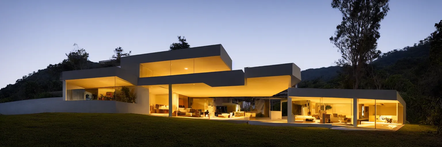 Prompt: [ em resposta a renan mendonca ] [ album ] an extremely far away exterior shot of a pavillion - like modern house designed by marcio kogan, where you can see the whole house overlooking some hills at golden hour, photographed by saul leiter, 8 k resolution