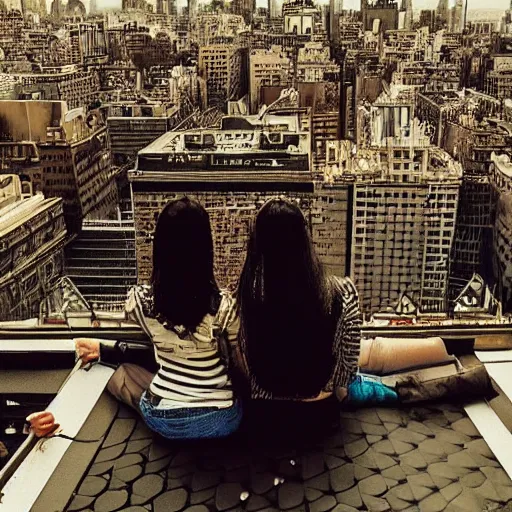 Prompt: “ two goth girls on city rooftop gorgeous, metropolitan city, detailed ”