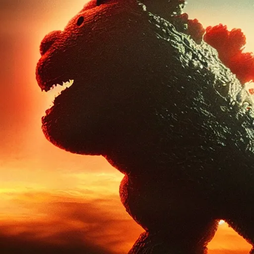 Image similar to a giant teddy ruxpin as godzilla destroying a city, hyperrealistic, dramatic lighting, black clouds and lighting in the sky