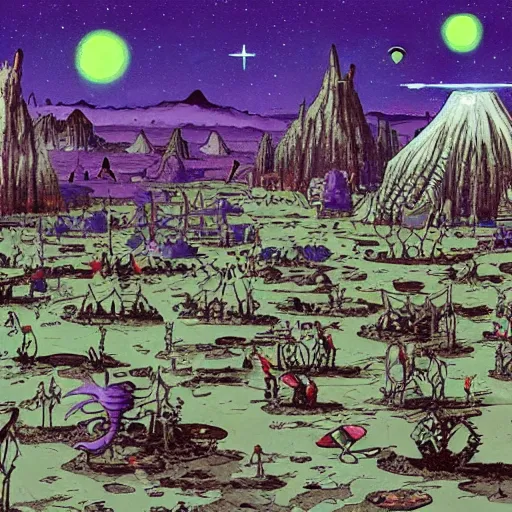 Prompt: extraterrestrial tribe village on ancient post - apocalyptic planet, jim henson creature shop, fantastic planet, illustration