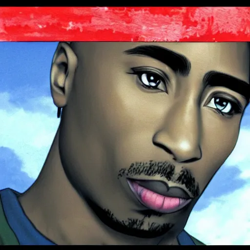 Image similar to Tupac Shakur, screenshot from a 2012s anime