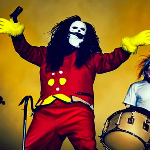 Prompt: ronald mcdonald performing with slipknot