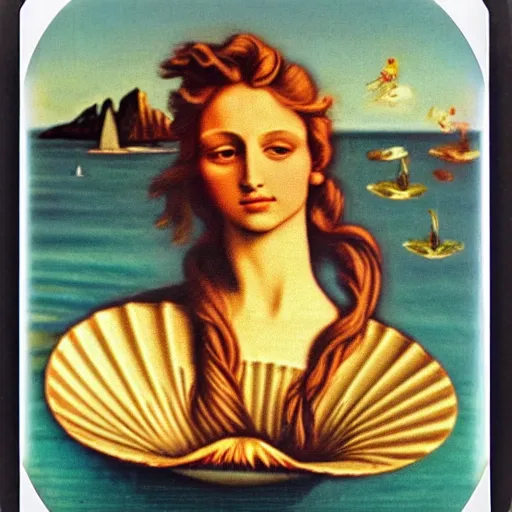 Image similar to A Polaroid photo of the birth of Venus, full color, detailed, clean background, full shot, 4k