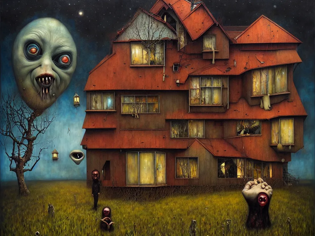 Prompt: an epic acrylic painting with a house shaped like an uncanny face, by esao andrews, surreal, dark, creepy, horror, soft textures, oil on canvas