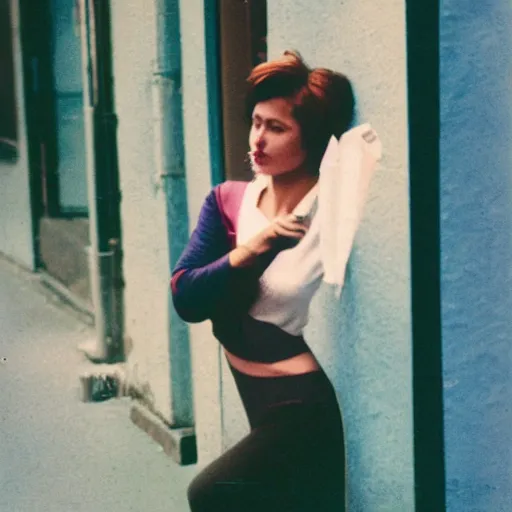 Image similar to a beautiful instant photograph of a short hair woman smoking in the street, leaning on the wall, polaroid, technicolor, light leak, raw,