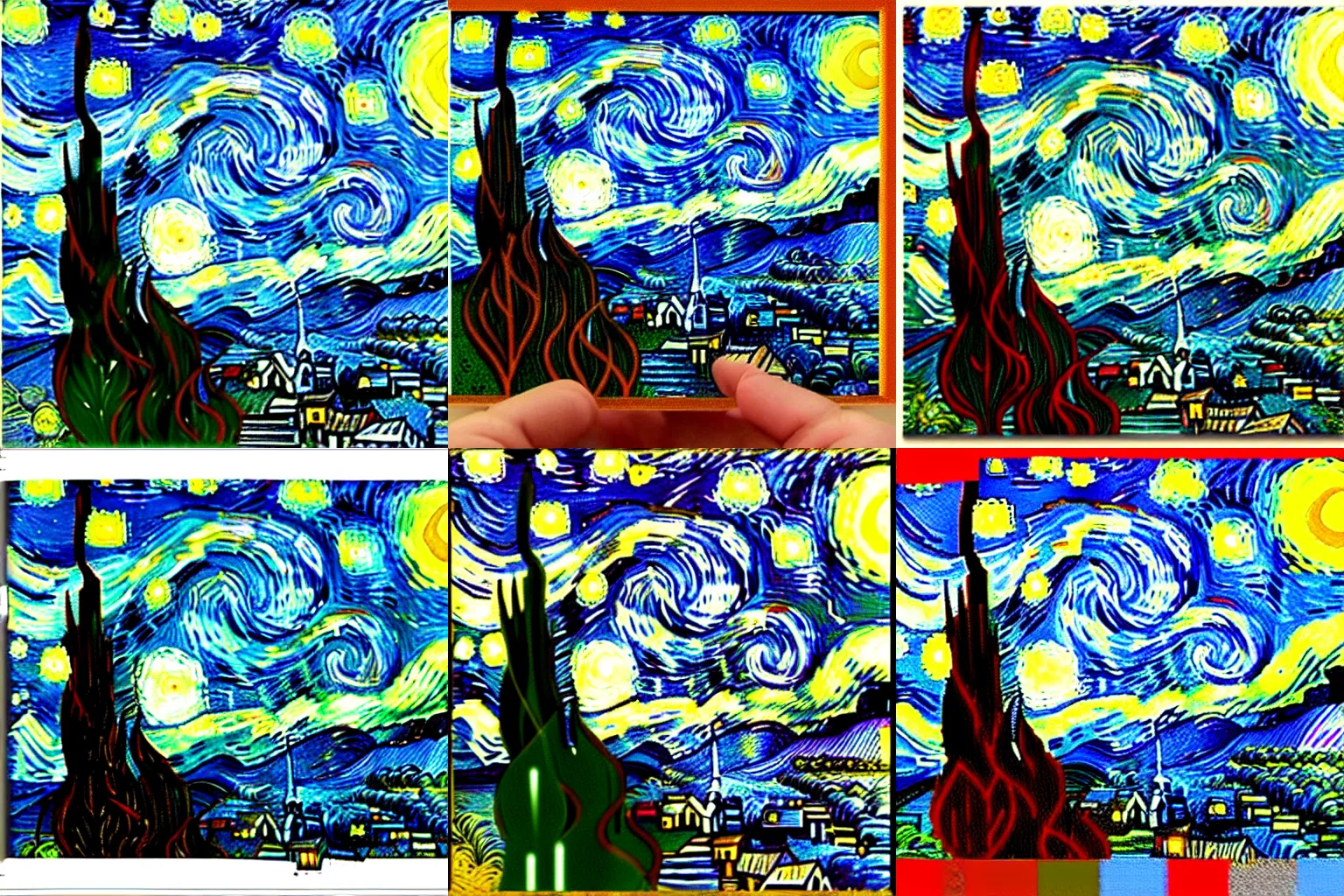 Prompt: Van Gogh starry night in red and green, pixelart