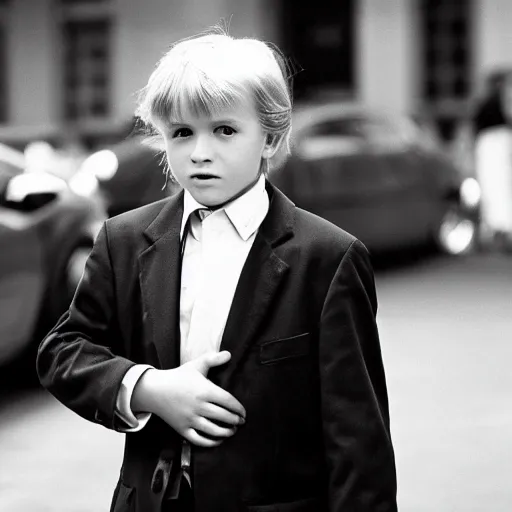 Prompt: street photo of young donald trump, black and white, by gilbert weingourt