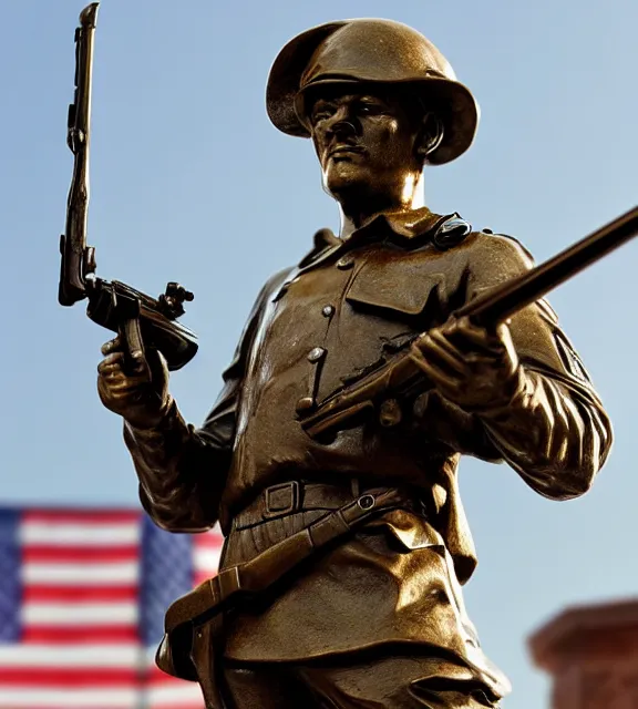 Prompt: a 4 k photorealistic photo medium shot of a bronze statue of an american soldier holding a rifle