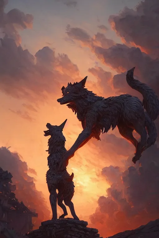 Image similar to a beautiful artwork illustration, statue of Fenrir standing over a medieval village at sunset, fiery destruction, by Greg Rutkowski and Jesper Ejsing and Raymond Swanland, featured on artstation, wide angle, vertical orientation