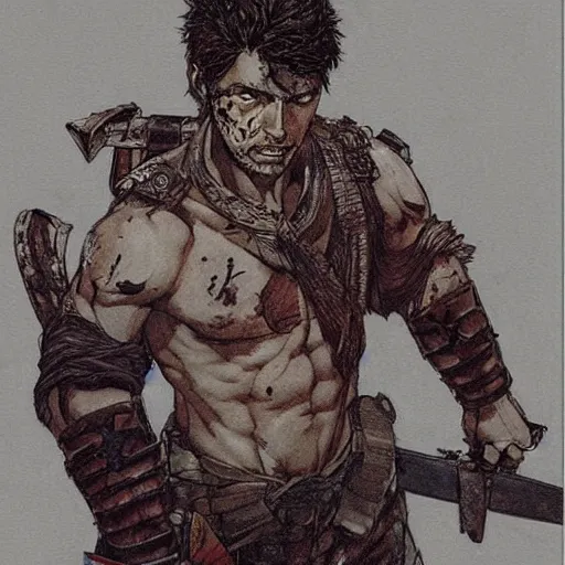 Prompt: self portrait, roman man with battle scar on his chest holding his sword on his shoulder by yoji shinkawa, pencil art, detailed, handsome, colored, bloody