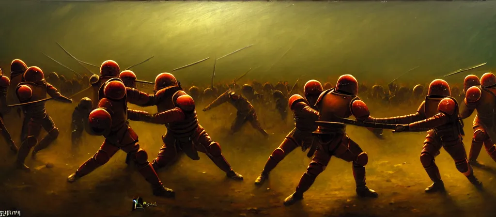 Prompt: battle scene, legionary - astronauts sword fighting, lorica segmentata, luminism, tonalism, dramatic lighting, action scene, palette knife, frenetic brushwork, chiaroscuro, figurative art, detailed, proportions, spatter, dust, atmospheric, volumetric lighting, red iron oxide, raw sienna, sage green