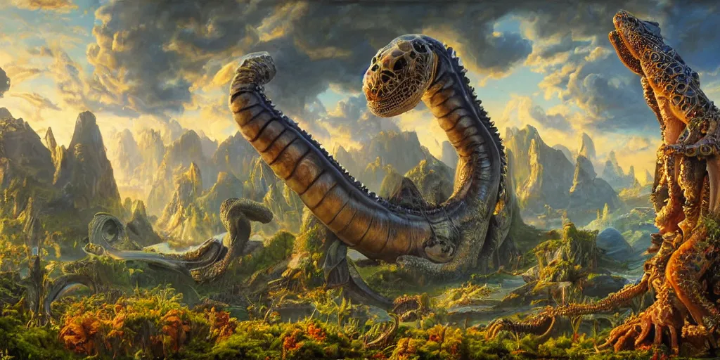 Image similar to fantasy oil painting, great leviathan, cybernetic turtle cephalopod terrapin reptilian pachyderm squid, bella hadid, hybrid, milla jovovich, anubis, epic natural light, lush plants flowers, spectacular mountains, bright clouds, luminous sky, outer worlds, golden hour, michael cheval, edward hopper, michael whelan, vray, hd