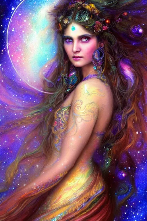Image similar to full view portrait of an ethereal gypsy woman with detailed eyes, glowing face, floating in space with a half moon, photorealistic, colorful dress, in the style of ruan jia and gaston bussiere, holographic undertones, art nouveau galaxy background, intricate, flowing dress, smooth, sharp focus, dramatic lighting, illustration, hdr, artgerm