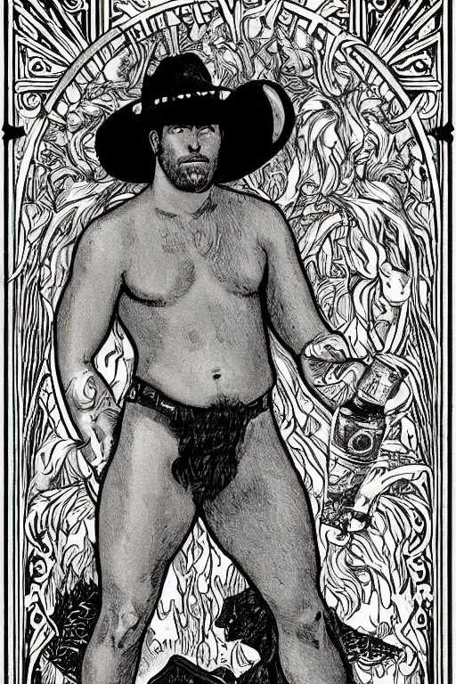 Prompt: a dark intricate beautiful tarot! card of a beautiful shirtless cowboy wearing cowboy hat and boots with a chunky build and beer belly next to a campfire, homoerotic!, art deco!, art nouveau, by Walter Crane, by Mark Maggiori, trending on artstation