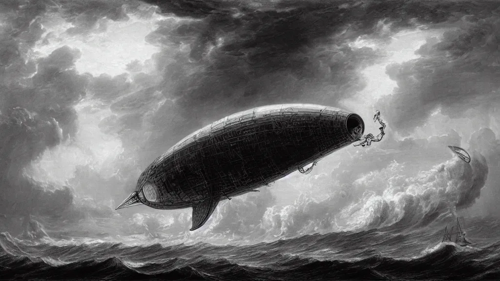 Image similar to drawing of one giant steampunk zeppelin flying above a stormy ocean, by gustave dore, nineteenth century, black and white, vintage, science fiction, epic composition, dramatic lighting, highly detailed, cinematic