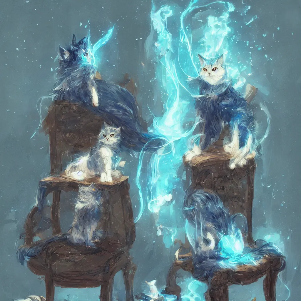 Image similar to anime cat with cloak sitting on a magical wood carved chair, super powers, glowing tiny blue lines, concept art, by greg rutkowski, overdetailed art