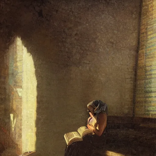 Image similar to half portait of magican wearing a closed cowl with big old book!, jeremy mann, jean leon gerome, tiepolo, alphonse mucha, greg rutkowski, face in the shadows, ( ( ruins of ancient rome ) ), at dusk, mysterious atmosphere, sunrays, dof, masterpiece, high detailed, 8 k