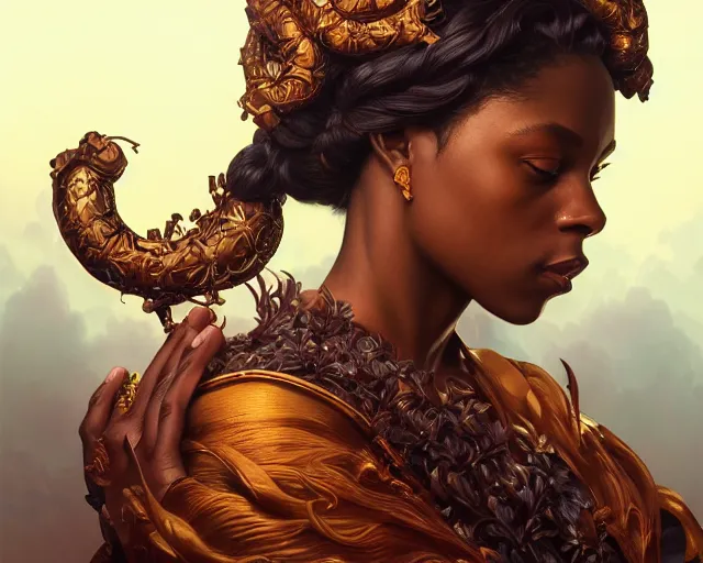 Image similar to photography of kehinde wiley, deep focus, d & d, fantasy, intricate, elegant, highly detailed, digital painting, artstation, concept art, matte, sharp focus, illustration, hearthstone, art by artgerm and greg rutkowski and alphonse mucha