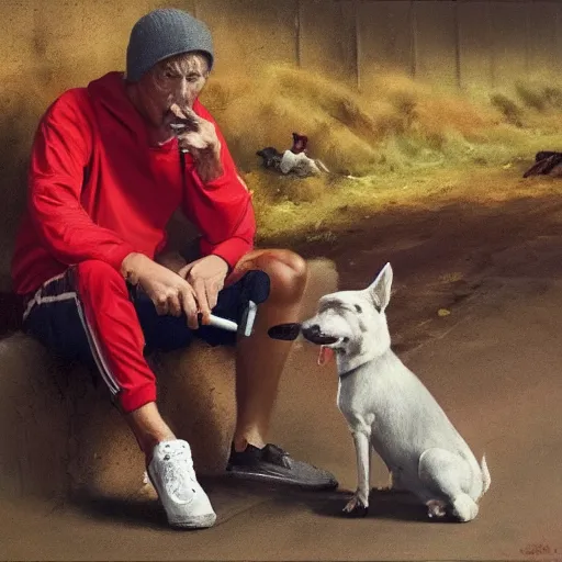 Image similar to a man in cheap and red used sportswear. he is smoking a cigarette. he is sitting on a dead dog. he is on the side of the road. he is wearing slippers. it is a rural scene, in poor village, dramatic lighting, hyper detailed, surreal, hyperrealism, oil painting