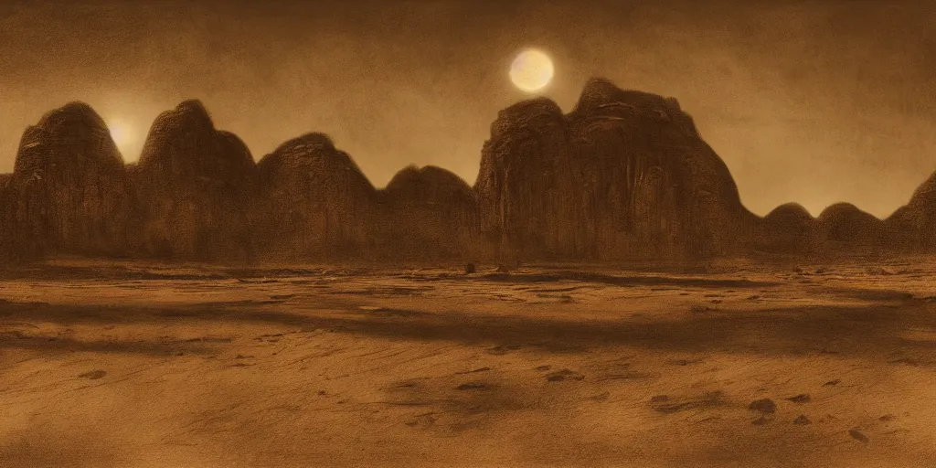 Image similar to a realistic sepia - toned photorealistic painting of wadi rum at night, dark, brooding, atmospheric, lovecraft