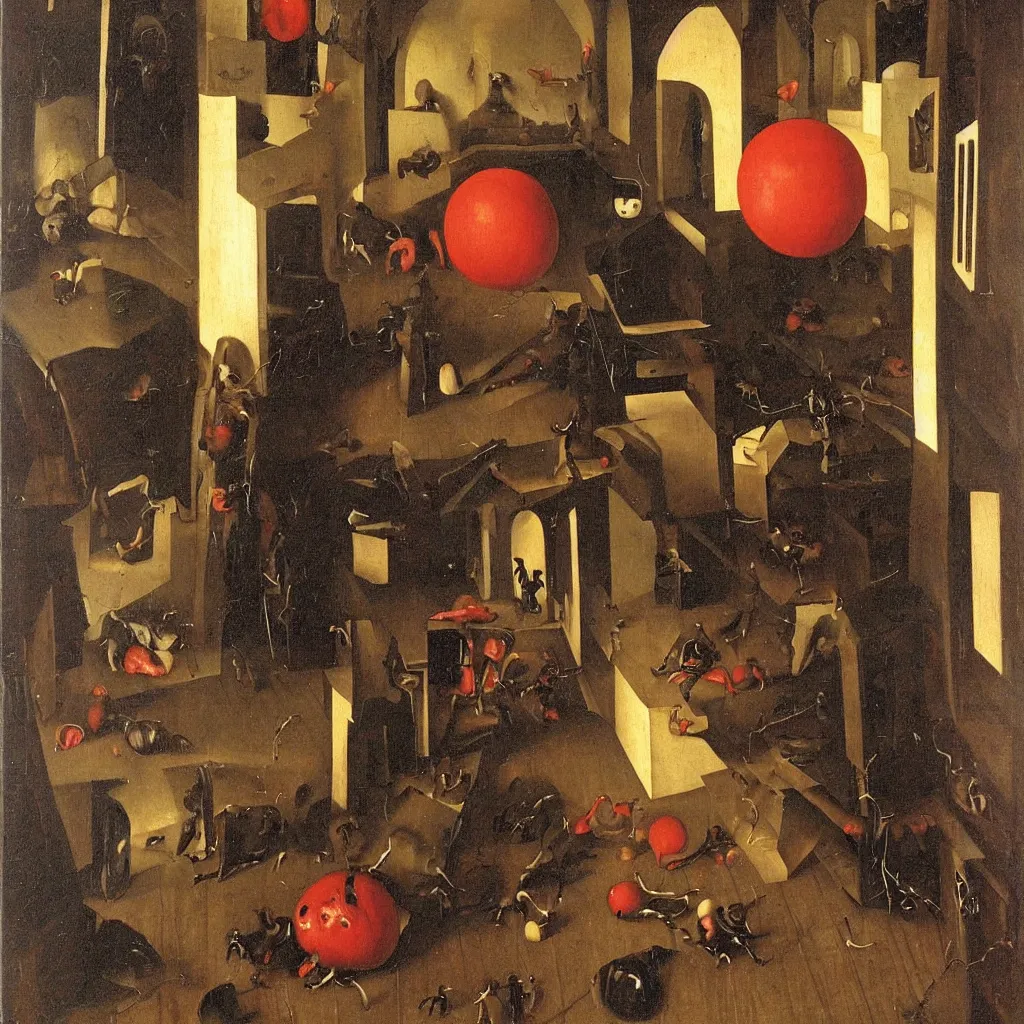 Image similar to dark, gloomy room. on the wooden floor lay red ball. volumetric lighting coming from the broken window. broken photos in frames on walls. chaotic view. creepy feeling. tiny spider hiding in the shadows. hans memling. oil painting.