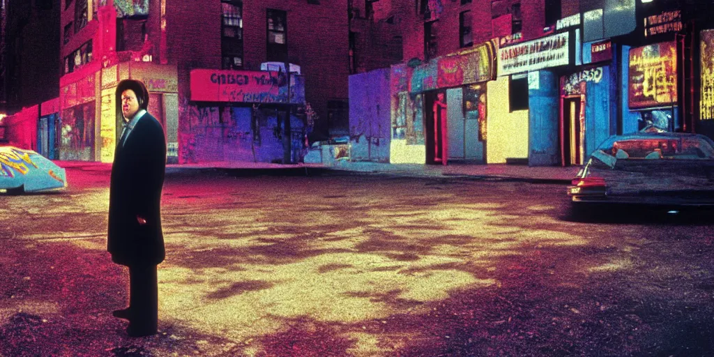 Image similar to award winning photo of BILL HICKS TRIPPING ON LSD in new york, vivid colors, happy, symmetrical face, beautiful eyes, studio lighting, wide shot art by gregory crewdson