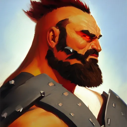 Image similar to greg manchess portrait painting of armored zangief from street fighter as overwatch character, medium shot, asymmetrical, profile picture, organic painting, sunny day, matte painting, bold shapes, hard edges, street art, trending on artstation, by huang guangjian and gil elvgren and greg rutkowski