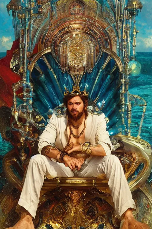 Image similar to The King of Atlantis sitting on his throne, portrait by Stanley Artgerm Lau, greg rutkowski, thomas kindkade, alphonse mucha, loish, norman Rockwell