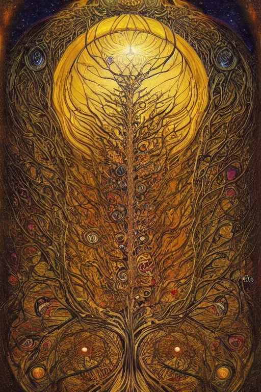 Image similar to Tree of Life by Karol Bak, Jean Deville, Gustav Klimt, and Vincent Van Gogh, mysterious portrait of sacred geometry, Surreality, radiant halo, otherworldly, enigma, fractal structures, celestial, arcane, ornate gilded medieval icon, third eye, spirals