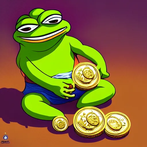 Image similar to super rich happy pepe, coins, gold, crystals, greg rutkowski