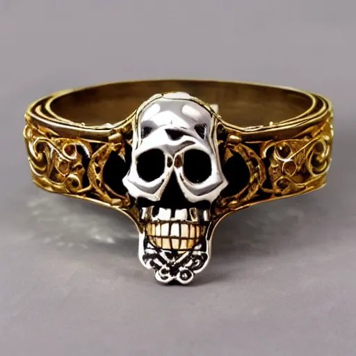 Image similar to baroque skull, scrollwork, gold, silver, precious gems