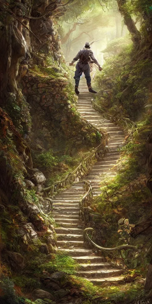 Image similar to a man walking up a steep and winding staircase, in magical woods, intricate, elegant, highly detailed, digital painting, artstation, concept art, sharp focus, beautiful illustration, by justin gerard and artgerm, 8 k