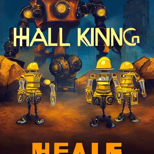 Prompt: Hall of the Machine King video game poster, large robots and man with yellow safety hardhat fighting them, stress level zero, VR game, high quality, high quality artwork, digital art, cinematic, desolate, epic
