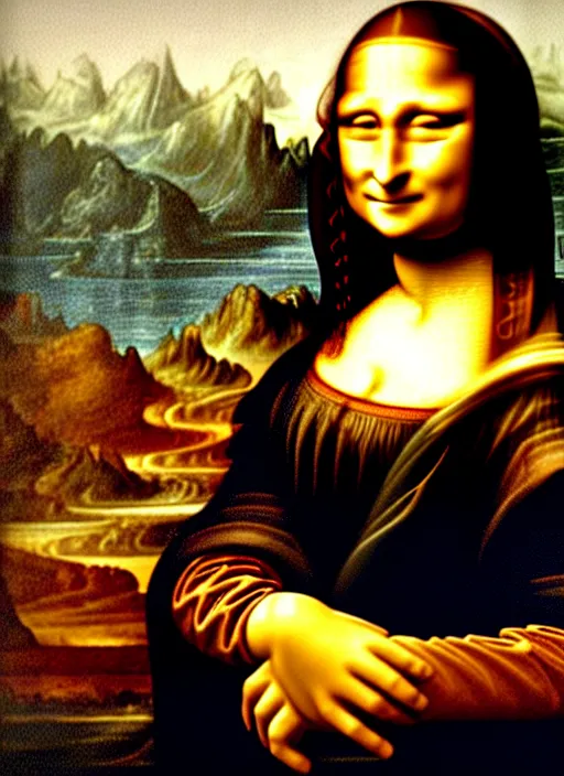 Image similar to framed oil painting of Mona Lisa by Leonardo Da Vinci but Mona Lisa is using an iPhone to take a selfie