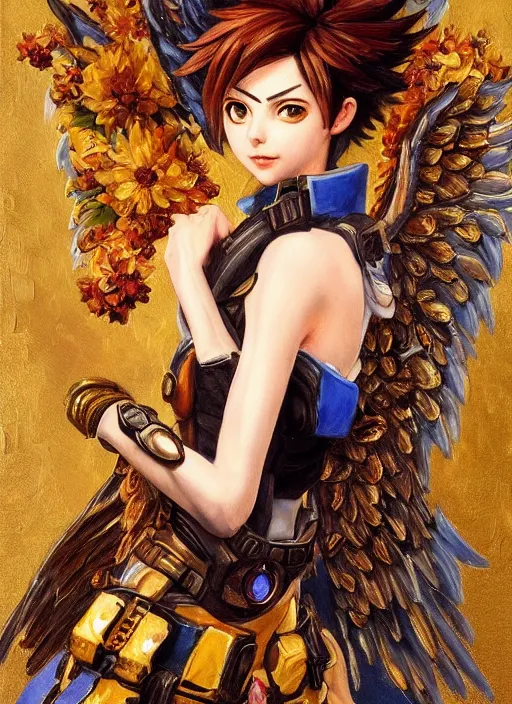 Image similar to full body oil painting of tracer overwatch in the style of sophie anderson, angel wings, angelic golden armor, dramatic painting, symmetrical composition, ornate, high detail, gold detailed collar, blooming, lights, flowers,