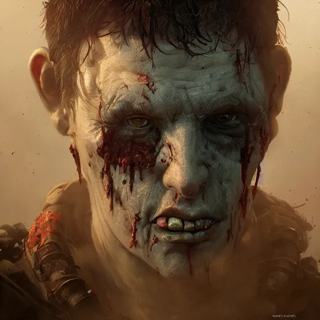 Image similar to hyper realistic photo portrait fat zombie cinematic, greg rutkowski, james gurney, mignola, craig mullins, brom redshift, vray, octane