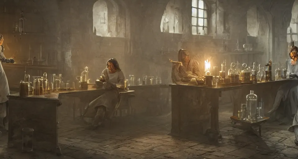 Prompt: two medieval alchemists working in dusty old laboratory with flasks and glassware, candles on the walls, the feeling of grimdark and secrecy, darkmagic in the air, style of Greg Rutkowski. 8k Hyperrealistic, octane render, unreal engine