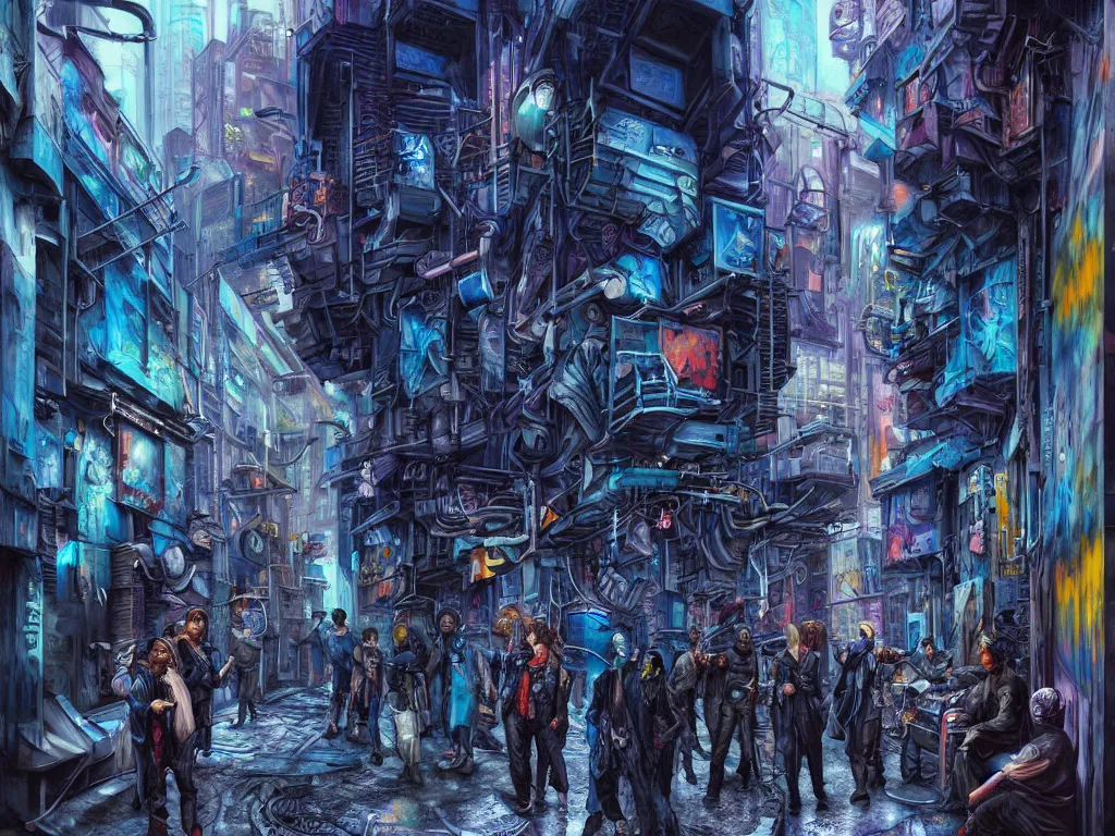 Image similar to hyperrealistic matte painting of a cyberpunk gang in an alleyway between buildings, graffiti, fine detail, intricate, polished, smooth, ultradetailed, blue color scheme, digital art, illustration, impressionist, by john smith and george luks