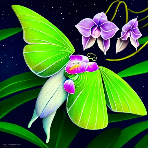 Prompt: painting of a luna moth surrounded by orchids, moonlight, highly detailed, illustration, soft, sharp focus, dramatic lighting, intricate, digital art, cgsociety, trending on artstation