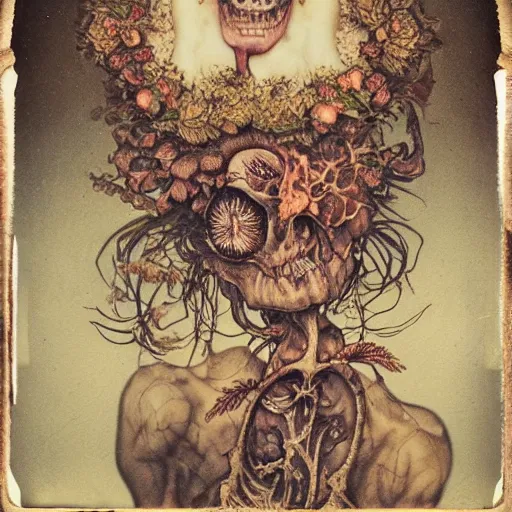 Image similar to a beautiful detailed front view baroque portrait of a rotten woman corpse with fractal plants and fractal flowers and mushrooms growing around, intricate, ornate, bones, volumetric light, beautiful lit, polaroid photography