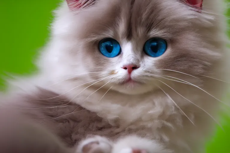 Image similar to a close up photo of a cute fluffy baby ragdoll cat saying uwu at the camera, trending on twitter, viral on facebook, 8k UHD