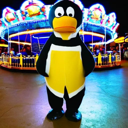 Image similar to photograph of walter white in a penguin costume standing in front or a carousel in disneyland, dark, ominous lights