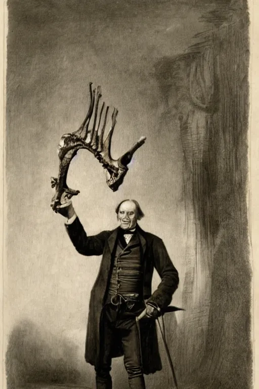 Prompt: photo of Sir Richard Owen holding moa bone in his hand in London 1851 , ultra realistic , sharp-focus , photo realism , with depth of field, symmetrical faces, rule of thirds , renderman , hd, ultra-hd,