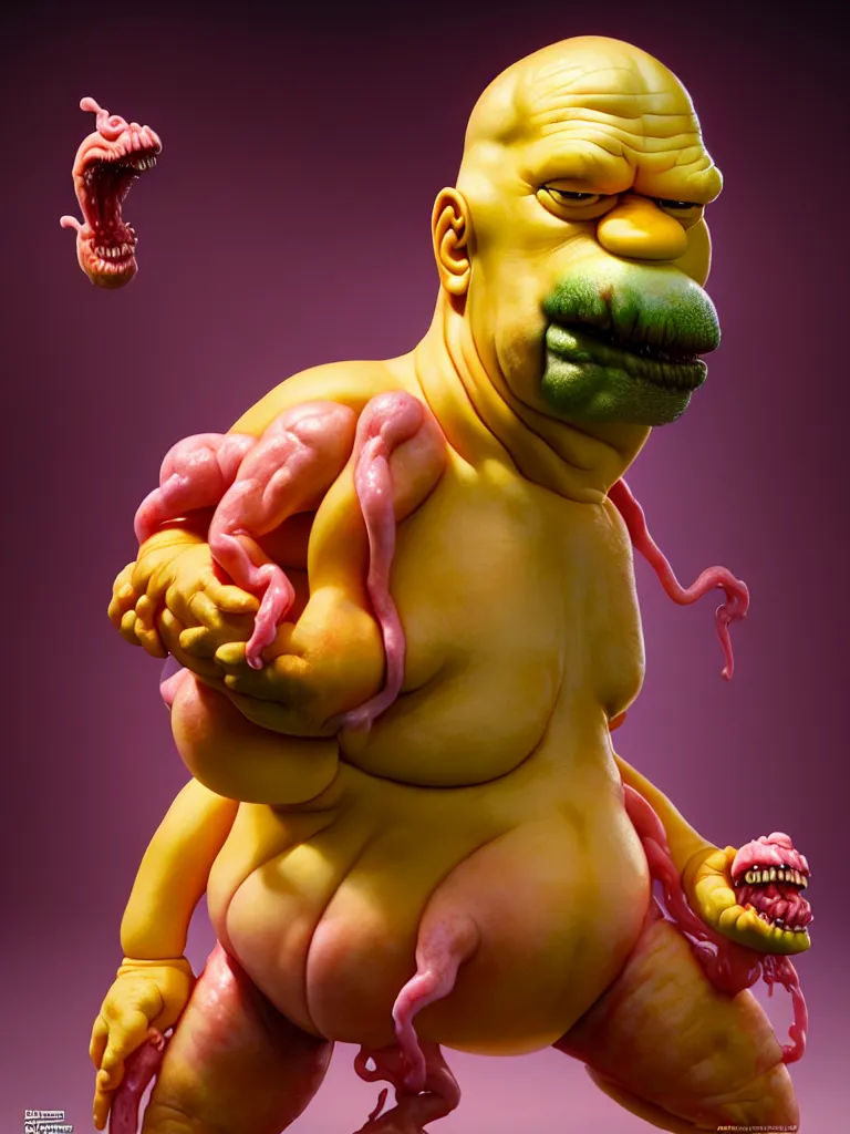 Image similar to hyperrealistic rendering, fat smooth cronenberg flesh monster homer simpson by donato giancola and greg rutkowski and wayne barlow and zdzisław beksinski, product photography, action figure, sofubi, studio lighting, colored gels, colored background