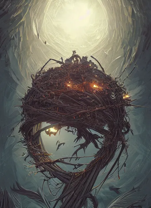 Prompt: crows nest like a head wreath, cruelty, black crows, light effect, hyper detailed, intricate, elegant, highly detailed, digital painting, artstation, concept art, matte, sharp focus, illustration, by dan mumford, yusuke murata, makoto shinkai, ross tran