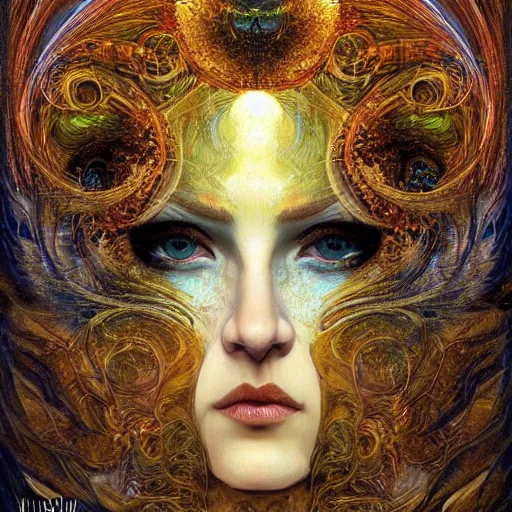 Image similar to Divine Chaos Engine by Karol Bak, Jean Deville, Gustav Klimt, and Vincent Van Gogh, beautiful visionary face portrait, sacred geometry, mystic spirals, otherworldly, fractal structures, ornate gilded medieval icon, third eye