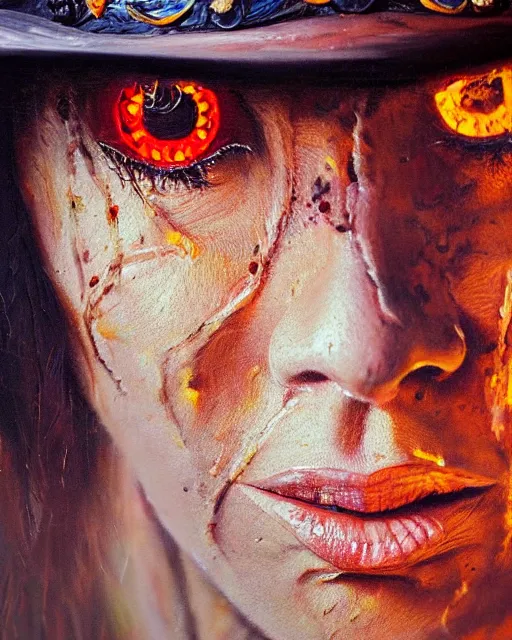 Image similar to oil painting portrait of scarred cowgirl with with burning glowing eyes, high production value, intricate details, high resolution, hdr, high definition, masterpiece, realistic, ultrarealistic, highly detailed, hd, sharp focus, non blurry, sharp, smooth