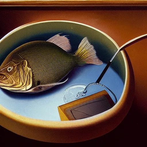 Image similar to a fish on the top of a pile of fish, inside a cooking pot, side view, by vladimir kush, dystopian aer, rococo